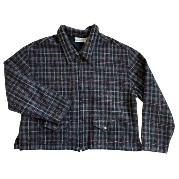 Vintage 90s Plaid Wool Blend Jacket Burgundy Gray Zip Up Size XL Boxy - Picture 1 of 8